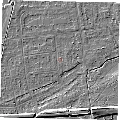 Shaded relief map of the ground around KT108DG, computed from Environment Agency LiDAR. The ground here sits at about 11 m above sea level and falls 10 m across the surrounding 800 m. Surface water reaching this point runs off ground lying to the east-south-east, 0.5 m higher.
