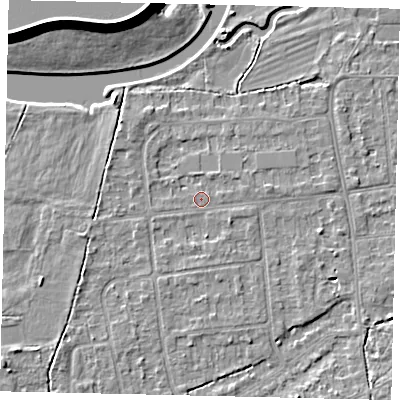 Shaded relief map of the ground around KT108DH, computed from Environment Agency LiDAR. The ground here sits at about 11 m above sea level and falls 11 m across the surrounding 800 m. Surface water reaching this point runs off ground lying to the south-west, 1.7 m higher.