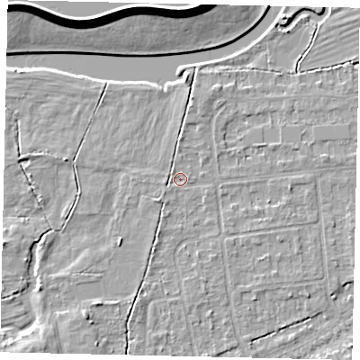 Shaded relief map of the ground around KT108DJ, computed from Environment Agency LiDAR. The ground here sits at about 11 m above sea level and falls 10 m across the surrounding 800 m. Surface water reaching this point runs off ground lying to the south-west, 0.6 m higher.