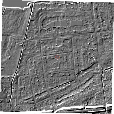 Shaded relief map of the ground around KT108DL, computed from Environment Agency LiDAR. The ground here sits at about 11 m above sea level and falls 10 m across the surrounding 800 m. Surface water reaching this point runs off ground lying to the west-south-west, 0.6 m higher.