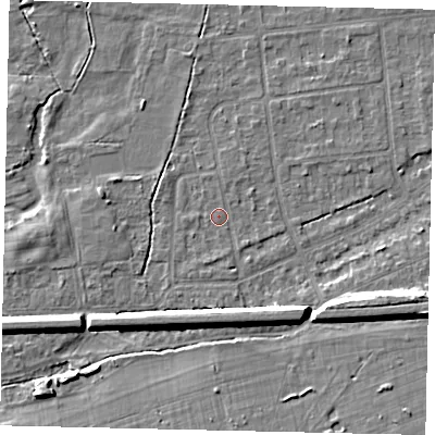 Shaded relief map of the ground around KT108DP, computed from Environment Agency LiDAR. The ground here sits at about 11 m above sea level and falls 8 m across the surrounding 800 m. Surface water reaching this point runs off ground lying to the south-south-west, 1.1 m higher.