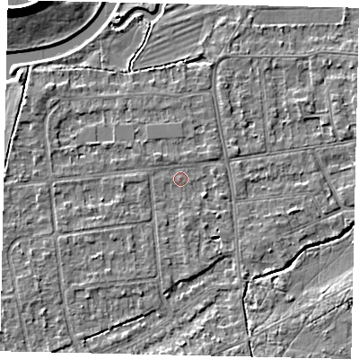 Shaded relief map of the ground around KT108DQ, computed from Environment Agency LiDAR. The ground here sits at about 11 m above sea level and falls 11 m across the surrounding 800 m. Surface water reaching this point runs off ground lying to the west-north-west, 1.2 m higher.