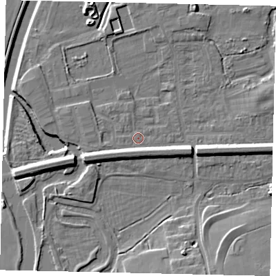 Shaded relief map of the ground around KT108DS, computed from Environment Agency LiDAR. The ground here sits at about 13 m above sea level and falls 10 m across the surrounding 800 m. Surface water reaching this point runs off ground lying to the west, 1.3 m higher.
