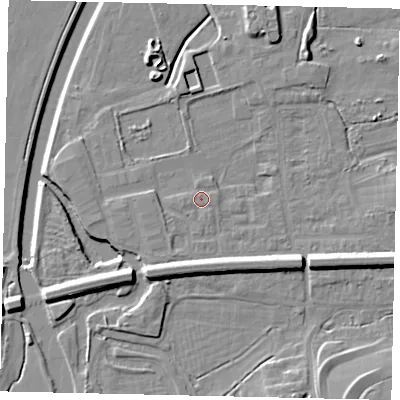 Shaded relief map of the ground around KT108DU, computed from Environment Agency LiDAR. The ground here sits at about 13 m above sea level and falls 8 m across the surrounding 800 m. Surface water reaching this point runs off ground lying to the west-south-west, 0.7 m higher.