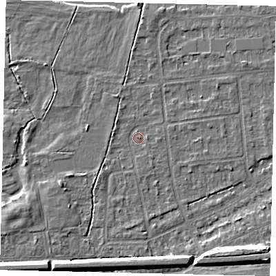 Shaded relief map of the ground around KT108DW, computed from Environment Agency LiDAR. The ground here sits at about 11 m above sea level and falls 9 m across the surrounding 800 m. Surface water reaching this point runs off ground lying to the south-south-west, 6.4 m higher.