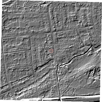 Shaded relief map of the ground around KT108EA, computed from Environment Agency LiDAR. The ground here sits at about 11 m above sea level and falls 10 m across the surrounding 800 m. Surface water reaching this point runs off ground lying to the south, 9.5 m higher.