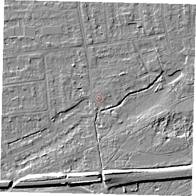 Shaded relief map of the ground around KT108EB, computed from Environment Agency LiDAR. The ground here sits at about 11 m above sea level and falls 10 m across the surrounding 800 m. Surface water reaching this point runs off ground lying to the south-south-west, 0.6 m higher.