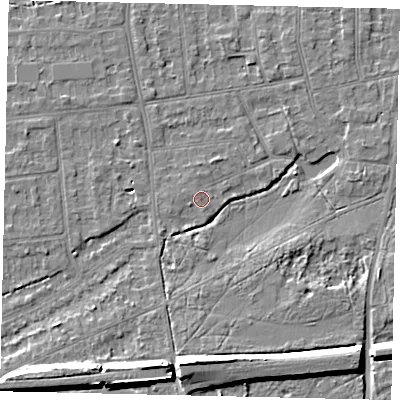 Shaded relief map of the ground around KT108ED, computed from Environment Agency LiDAR. The ground here sits at about 11 m above sea level and falls 10 m across the surrounding 800 m. Surface water reaching this point runs off ground lying to the south, 8.1 m higher.