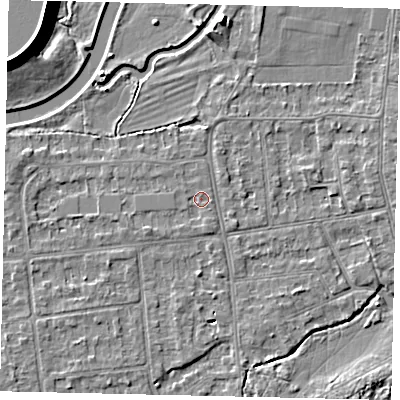 Shaded relief map of the ground around KT108EF, computed from Environment Agency LiDAR. The ground here sits at about 10 m above sea level and falls 11 m across the surrounding 800 m. Surface water reaching this point runs off ground lying to the west-south-west, 1.0 m higher.