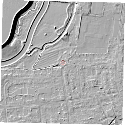 Shaded relief map of the ground around KT108EG, computed from Environment Agency LiDAR. The ground here sits at about 10 m above sea level and falls 10 m across the surrounding 800 m. Surface water reaching this point runs off ground lying to the south, 0.6 m higher.