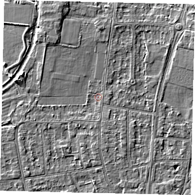 Shaded relief map of the ground around KT108EH, computed from Environment Agency LiDAR. The ground here sits at about 10 m above sea level and falls 5 m across the surrounding 800 m. Surface water reaching this point runs off ground lying to the west-north-west, 3.7 m higher.