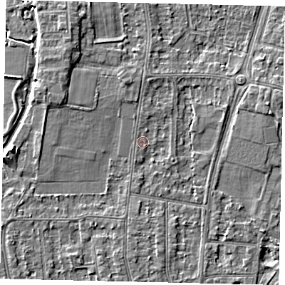 Shaded relief map of the ground around KT108EJ, computed from Environment Agency LiDAR. The ground here sits at about 10 m above sea level and falls 6 m across the surrounding 800 m. Surface water reaching this point runs off ground lying to the west, 4.0 m higher.