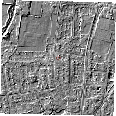Shaded relief map of the ground around KT108EL, computed from Environment Agency LiDAR. The ground here sits at about 10 m above sea level and falls 5 m across the surrounding 800 m. Surface water reaching this point runs off ground lying to the south-south-west, 1.0 m higher.