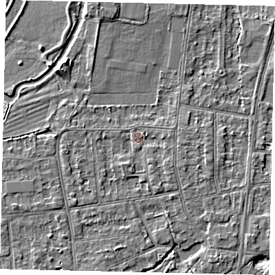 Shaded relief map of the ground around KT108EN, computed from Environment Agency LiDAR. The ground here sits at about 10 m above sea level and falls 5 m across the surrounding 800 m. Surface water reaching this point runs off ground lying to the west-south-west, 1.3 m higher.