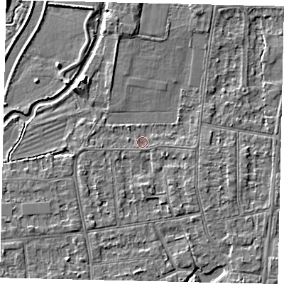 Shaded relief map of the ground around KT108EQ, computed from Environment Agency LiDAR. The ground here sits at about 10 m above sea level and falls 5 m across the surrounding 800 m. Surface water reaching this point runs off ground lying to the east, 1.1 m higher.