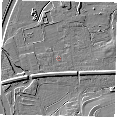 Shaded relief map of the ground around KT108EU, computed from Environment Agency LiDAR. The ground here sits at about 12 m above sea level and falls 9 m across the surrounding 800 m. Surface water reaching this point runs off ground lying to the south-west, 1.5 m higher.