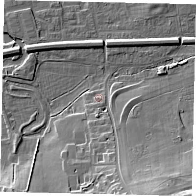 Shaded relief map of the ground around KT108EW, computed from Environment Agency LiDAR. The ground here sits at about 15 m above sea level and falls 23 m across the surrounding 800 m. Surface water reaching this point runs off ground lying to the south, 2.3 m higher.