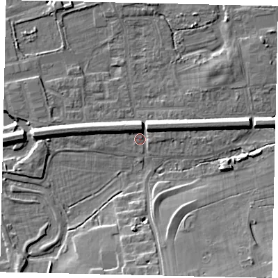 Shaded relief map of the ground around KT108EY, computed from Environment Agency LiDAR. The ground here sits at about 13 m above sea level and falls 12 m across the surrounding 800 m. Surface water reaching this point runs off ground lying to the north-north-west, 5.0 m higher.