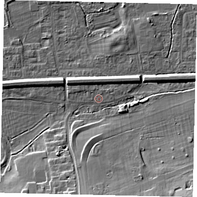 Shaded relief map of the ground around KT108HA, computed from Environment Agency LiDAR. The ground here sits at about 12 m above sea level and falls 12 m across the surrounding 800 m. Surface water reaching this point runs off ground lying to the north, 0.8 m higher.