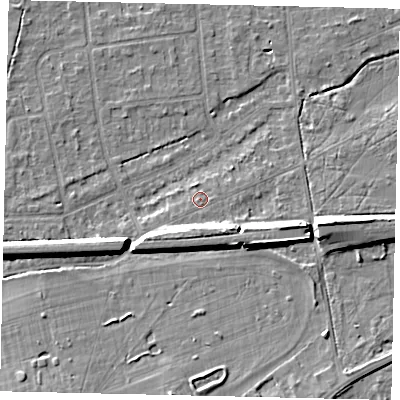 Shaded relief map of the ground around KT108HD, computed from Environment Agency LiDAR. The ground here sits at about 12 m above sea level and falls 10 m across the surrounding 800 m. Surface water reaching this point runs off ground lying to the south, 5.4 m higher.