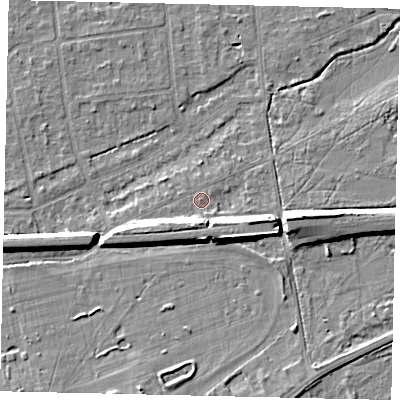 Shaded relief map of the ground around KT108HE, computed from Environment Agency LiDAR. The ground here sits at about 12 m above sea level and falls 10 m across the surrounding 800 m. Surface water reaching this point runs off ground lying to the south-south-west, 5.9 m higher.