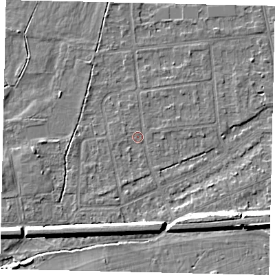 Shaded relief map of the ground around KT108HF, computed from Environment Agency LiDAR. The ground here sits at about 11 m above sea level and falls 9 m across the surrounding 800 m. Surface water reaching this point runs off ground lying to the south-south-west, 1.4 m higher.