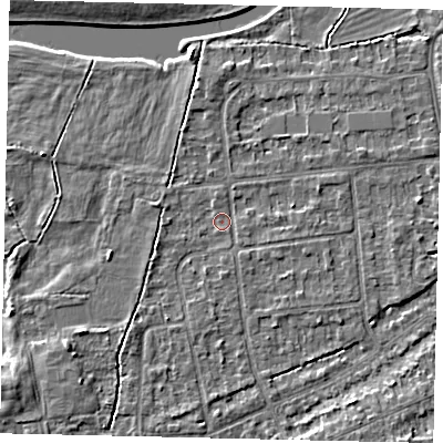 Shaded relief map of the ground around KT108HG, computed from Environment Agency LiDAR. The ground here sits at about 11 m above sea level and falls 5 m across the surrounding 800 m. Surface water reaching this point runs off ground lying to the south-west, 2.6 m higher.