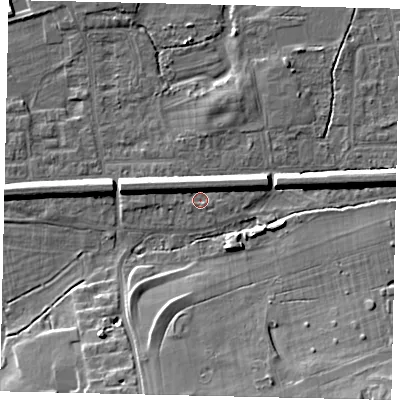 Shaded relief map of the ground around KT108HJ, computed from Environment Agency LiDAR. The ground here sits at about 12 m above sea level and falls 10 m across the surrounding 800 m. Surface water reaching this point runs off ground lying to the west-north-west, 5.1 m higher.