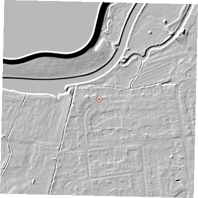Shaded relief map of the ground around KT108HQ, computed from Environment Agency LiDAR. The ground here sits at about 10 m above sea level and falls 11 m across the surrounding 800 m. Surface water reaching this point runs off ground lying to the west, 1.3 m higher.