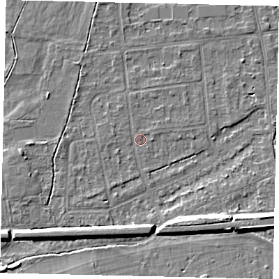 Shaded relief map of the ground around KT108HW, computed from Environment Agency LiDAR. The ground here sits at about 11 m above sea level and falls 9 m across the surrounding 800 m. Surface water reaching this point runs off ground lying to the south-west, 1.4 m higher.