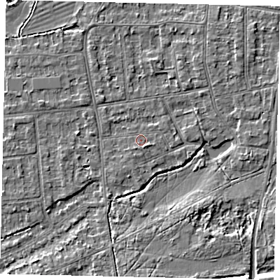 Shaded relief map of the ground around KT108HX, computed from Environment Agency LiDAR. The ground here sits at about 10 m above sea level and falls 8 m across the surrounding 800 m. Surface water reaching this point runs off ground lying to the south-south-east, 0.8 m higher.