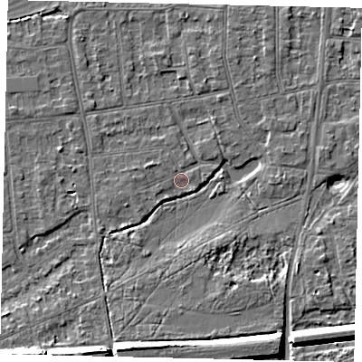 Shaded relief map of the ground around KT108HY, computed from Environment Agency LiDAR. The ground here sits at about 10 m above sea level and falls 10 m across the surrounding 800 m. Surface water reaching this point runs off ground lying to the south-south-west, 8.8 m higher.