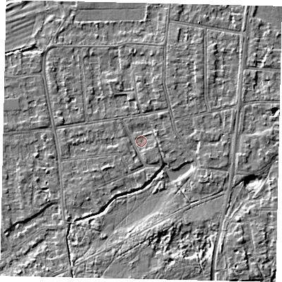 Shaded relief map of the ground around KT108JA, computed from Environment Agency LiDAR. The ground here sits at about 10 m above sea level and falls 4 m across the surrounding 800 m. Surface water reaching this point runs off ground lying to the south-south-east, 2.8 m higher.