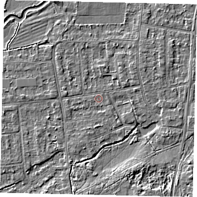 Shaded relief map of the ground around KT108JB, computed from Environment Agency LiDAR. The ground here sits at about 10 m above sea level and falls 4 m across the surrounding 800 m. Surface water reaching this point runs off ground lying to the south-south-east, 2.7 m higher.