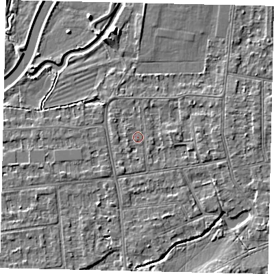Shaded relief map of the ground around KT108JD, computed from Environment Agency LiDAR. The ground here sits at about 10 m above sea level and falls 5 m across the surrounding 800 m. Surface water reaching this point runs off ground lying to the south-south-west, 1.1 m higher.