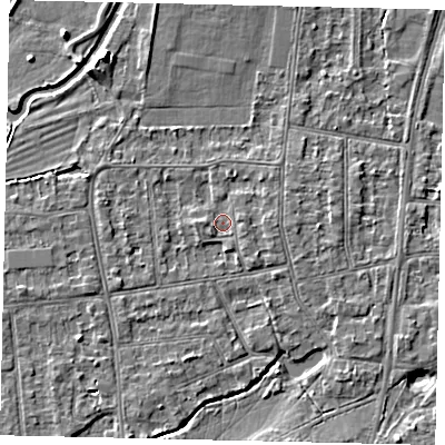 Shaded relief map of the ground around KT108JE, computed from Environment Agency LiDAR. The ground here sits at about 10 m above sea level and falls 5 m across the surrounding 800 m. Surface water reaching this point runs off ground lying to the east, 0.9 m higher.