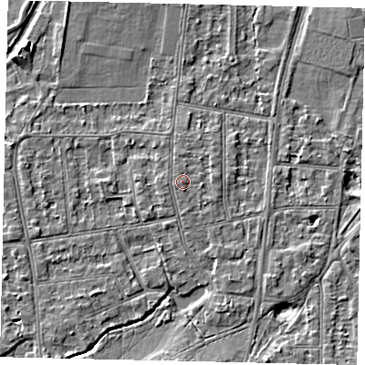 Shaded relief map of the ground around KT108JF, computed from Environment Agency LiDAR. The ground here sits at about 11 m above sea level and falls 5 m across the surrounding 800 m. Surface water reaching this point runs off ground lying to the east, 0.6 m higher.