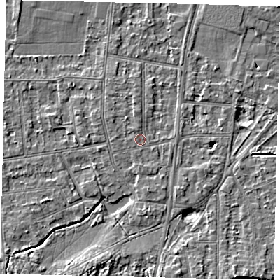 Shaded relief map of the ground around KT108JJ, computed from Environment Agency LiDAR. The ground here sits at about 10 m above sea level and falls 5 m across the surrounding 800 m. Surface water reaching this point runs off ground lying to the north, 0.6 m higher.