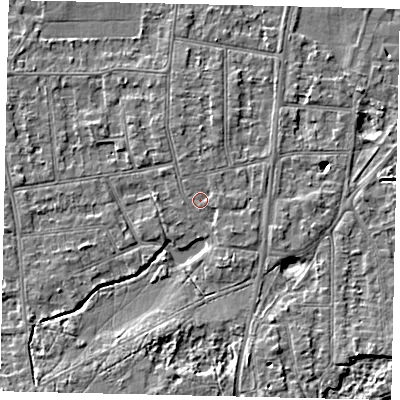 Shaded relief map of the ground around KT108JL, computed from Environment Agency LiDAR. The ground here sits at about 10 m above sea level and falls 5 m across the surrounding 800 m. Surface water reaching this point runs off ground lying to the north-north-west, 0.7 m higher.