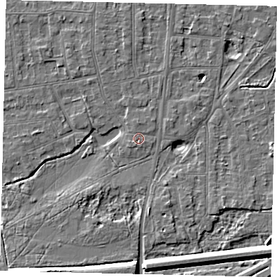 Shaded relief map of the ground around KT108JN, computed from Environment Agency LiDAR. The ground here sits at about 11 m above sea level and falls 10 m across the surrounding 800 m. Surface water reaching this point runs off ground lying to the south-south-west, 0.7 m higher.
