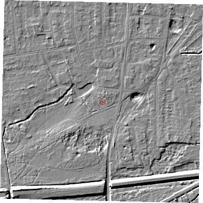 Shaded relief map of the ground around KT108JP, computed from Environment Agency LiDAR. The ground here sits at about 11 m above sea level and falls 10 m across the surrounding 800 m. Surface water reaching this point runs off ground lying to the north-north-east, 0.8 m higher.