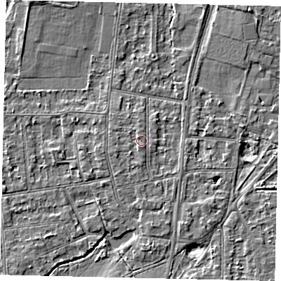 Shaded relief map of the ground around KT108JQ, computed from Environment Agency LiDAR. The ground here sits at about 11 m above sea level and falls 4 m across the surrounding 800 m. Surface water reaching this point runs off ground lying to the south-west, 0.8 m higher.