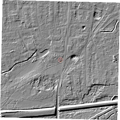 Shaded relief map of the ground around KT108JS, computed from Environment Agency LiDAR. The ground here sits at about 11 m above sea level and falls 10 m across the surrounding 800 m. Surface water reaching this point runs off ground lying to the south-south-west, 2.3 m higher.