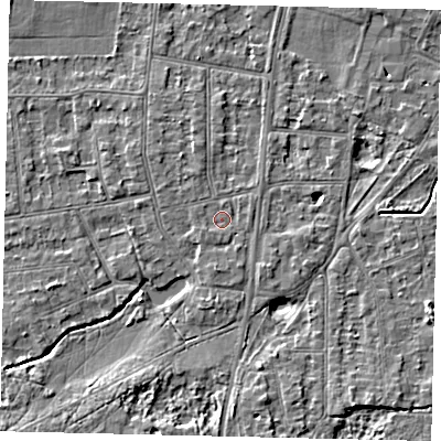Shaded relief map of the ground around KT108JU, computed from Environment Agency LiDAR. The ground here sits at about 10 m above sea level and falls 5 m across the surrounding 800 m. Surface water reaching this point runs off ground lying to the south, 1.1 m higher.