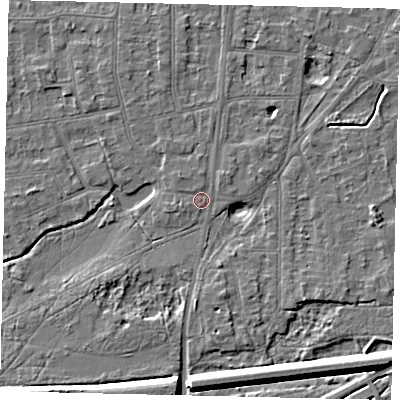 Shaded relief map of the ground around KT108JW, computed from Environment Agency LiDAR. The ground here sits at about 11 m above sea level and falls 10 m across the surrounding 800 m. Surface water reaching this point runs off ground lying to the west-south-west, 0.9 m higher.