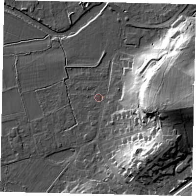 Shaded relief map of the ground around KT108LA, computed from Environment Agency LiDAR. The ground here sits at about 15 m above sea level and falls 34 m across the surrounding 800 m. Surface water reaching this point runs off ground lying to the east, 30.8 m higher.