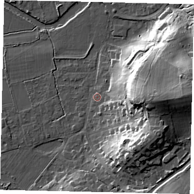 Shaded relief map of the ground around KT108LB, computed from Environment Agency LiDAR. The ground here sits at about 16 m above sea level and falls 34 m across the surrounding 800 m. Surface water reaching this point runs off ground lying to the east, 12.6 m higher.