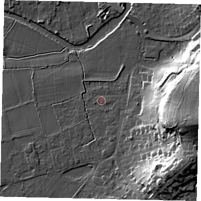 Shaded relief map of the ground around KT108LD, computed from Environment Agency LiDAR. The ground here sits at about 14 m above sea level and falls 34 m across the surrounding 800 m. Surface water reaching this point runs off ground lying to the east-south-east, 31.0 m higher.