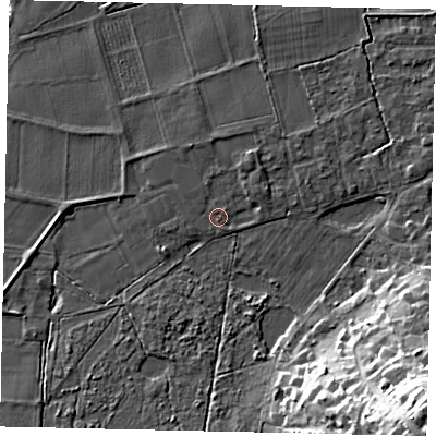Shaded relief map of the ground around KT108LP, computed from Environment Agency LiDAR. The ground here sits at about 15 m above sea level and falls 25 m across the surrounding 800 m. Surface water reaching this point runs off ground lying to the north-north-east, 1.3 m higher.