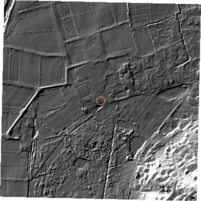 Shaded relief map of the ground around KT108LS, computed from Environment Agency LiDAR. The ground here sits at about 15 m above sea level and falls 25 m across the surrounding 800 m. Surface water reaching this point runs off ground lying to the south-east, 22.5 m higher.